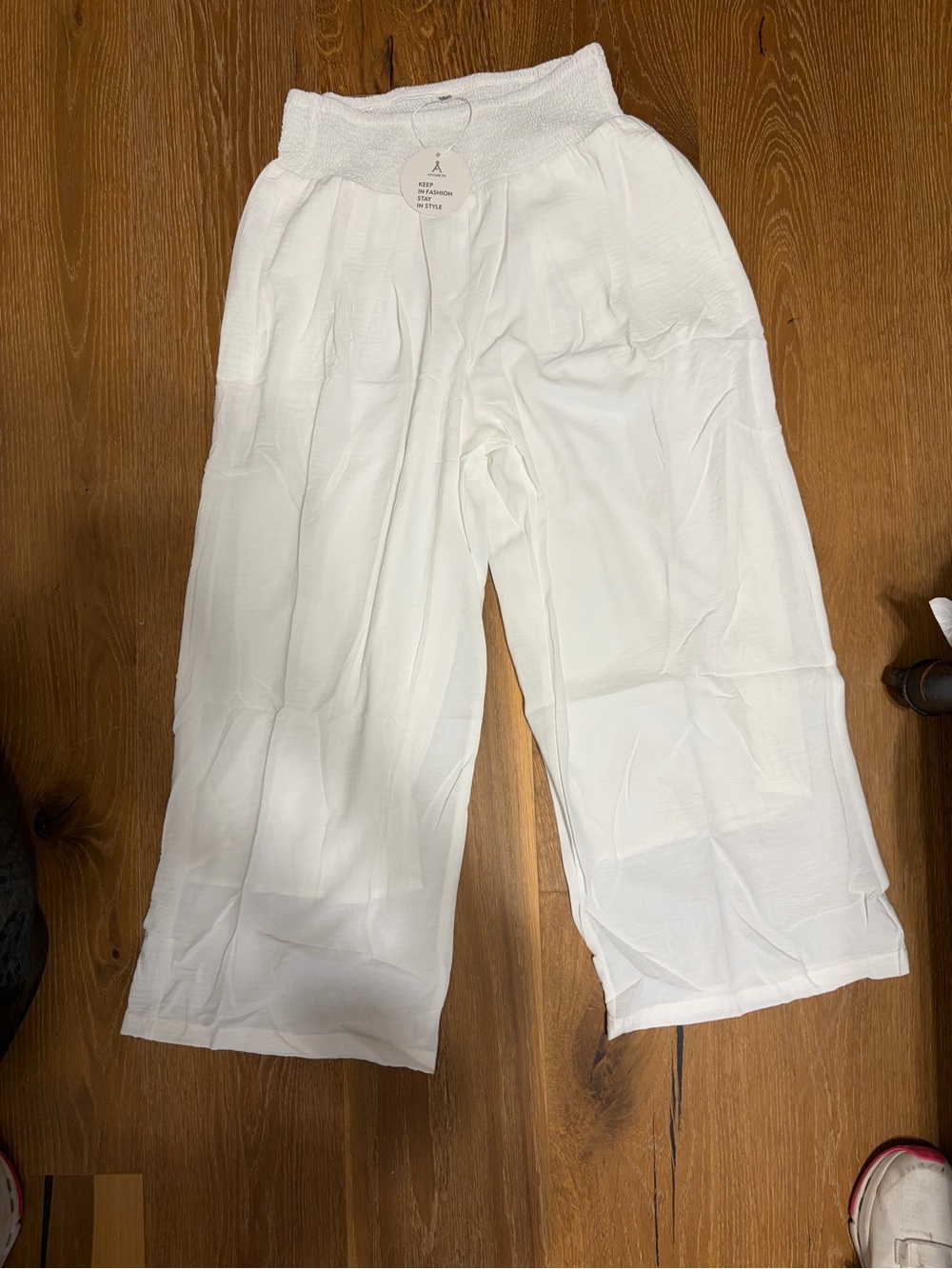 Smocked-Waist Wide-Leg White Pull-On Pants